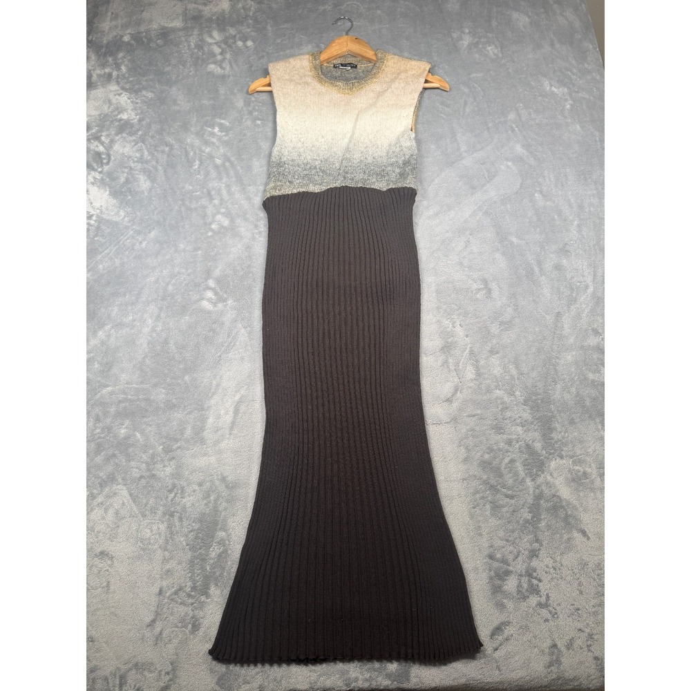 Zara Midi Sweater Dress Womens Medium Brown Beige Ombre Ribbed Knit Round Neck